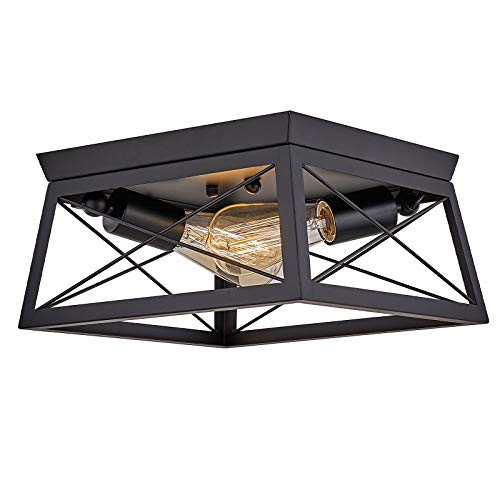 Close to Ceiling Light with Wood Shade Retro Semi Flush Mount Ceiling Lighting Fixture with Square Metal Cage (Black-2 Light)