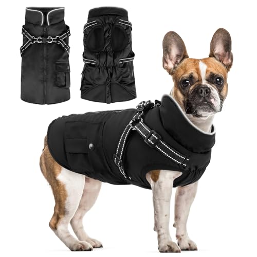 Woiil Hundemantel Hundejacke Wintermantel für Kleine Hunde, Hundemantel Winter mit Geschirr, Hunde Wintermantel Ärmellose Baumwolle Gepolsterte Weste Wasserdicht Warme Reflektierend, Schwarz S