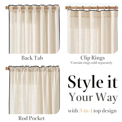 Image of jinchan Beige Linen Curtains with Black Trim Back Tab 50 x 96 Inch 2 Panels
