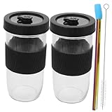 Uonlytech 2 piezas Vaso de Vidrio Transparente Reutilizable con Tapa y Pajita Unidades Capacidad Moderada Manga de Silicona Antideslizante y Resistente al Calor y Bebidas Variadas Fácil de