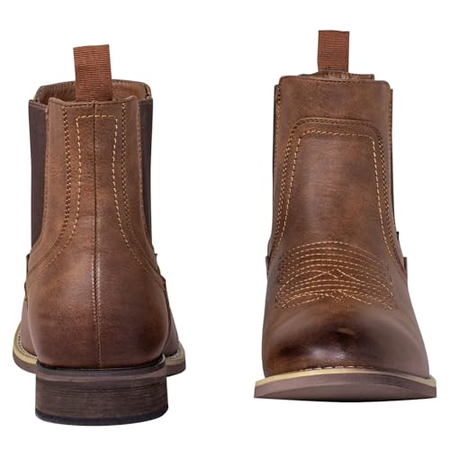 Image of J's.o.l.e Chelsea Cowboy Boots for Men Western Round Toe PU Leather Dress Casual Work Ankle Boots Brown