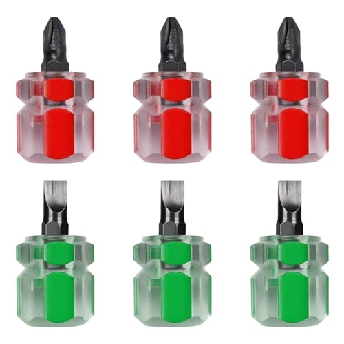 Mini Destornillador de 6 Piezas, Mango Corto y Ranurado, Phillips Corto, Bolsillo (Verde, Rojo)
