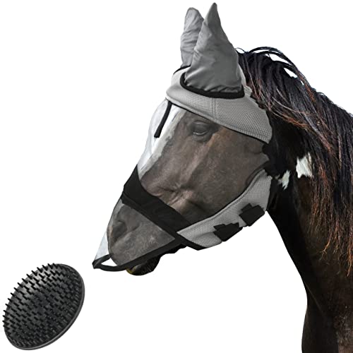 valuents Máscara antimoscas para caballos en color gris - Sombrero antimoscas - Protección UV - en 4 tamaños para sangre fría + Plus: cepillo para caballos Cover