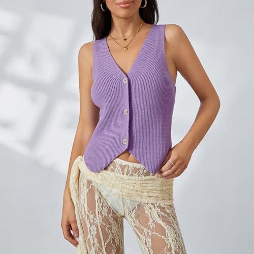 Image of Womens Vintage Knittd Tank Y2k Vest Crop Top Sleeveless V-Neck Open Front Button Crochet Knit Vests Versatile Tops