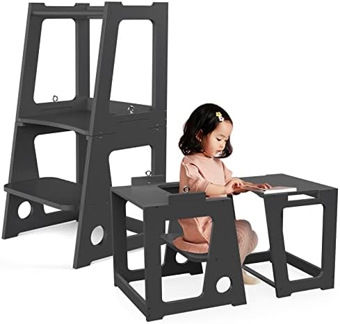 QLFJ-FurDec Kids Kitchen Step Stool with Safety Rail, 2 in 1 Convertible Wooden Toddler Learning Stool Helper Standing Tower for Kitchen Counter, Bathroom, Toilet(Black)