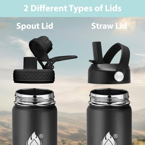 Image of Insulated Water Bottle 40 oz with Straw, Stainless Steel Wide Mouth Water Bottle, Double Wall Vacuum Leak Proof with Straw Lid & Spout Lid for Sports or Office, Keep Cold or Hot Up to 24 Hrs