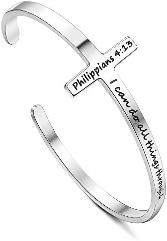 Jewenova Inspirational Cross Bracelet for Women Stainless Steel Religious Cuff Bangle Bible Verse Christian Bracelet for Women Engraved Bracelet, Philippians 4:13