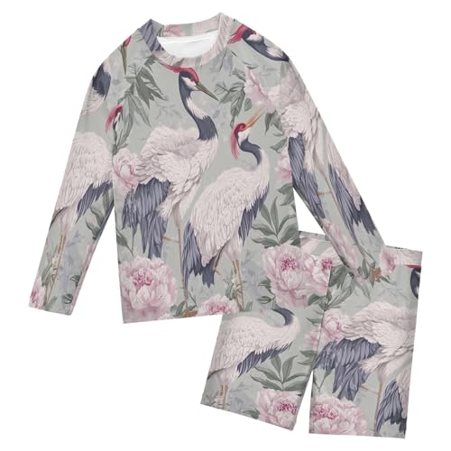 Retro Crane Bird Peony Boys Swimsuit Rash Guard Toddler Kids Long Sleeve Swim Shirt and Trunks Swimwear Set 3-10Y - Main Image