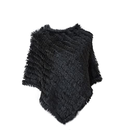 CRIIFG SWAIT Tricoté Authentique Fourrure de Lapin Poncho Pullover Châle (Black)