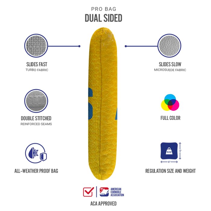 ACA Synergy Pro Dual Sided Cornhole Bags | Los Angeles Yellow Design | Set of (4) All-Weather Resin Filled Stick & Slide Corn Hole Bags