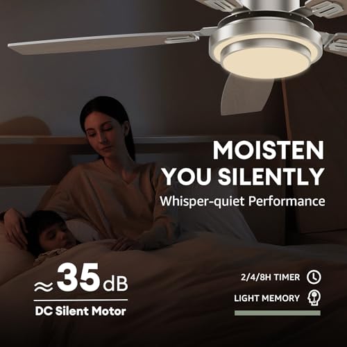 52 Inch Nickel Ceiling Fans with Lights and Remote Control for Bedroom, Modern Ceiling Fan with Quiet Reversible DC Motor, 3CCT, Dimmable, LED for Living Room, Patio, Indoor and Outdoor