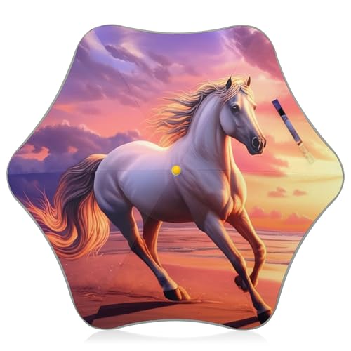 Paraguas largo para niños y niñas, protección UV, UPF 50, tira reflectante, paraguas para niños, para lluvia, majestuoso caballo, puesta de sol, color naranja