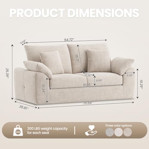 Image of 75.6 inch Modern Loveseat Sofa for Living Room, Cloud Boneless Couches with 4 Pillows, Mid Century Loveseat couches for Small Place, No Assembly Required, Camel