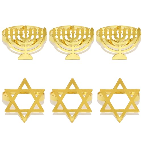 Auroriel 6 Piece Napkin Ring Set with Star of David and Menorah, Chanukah Passover Decoration, Jewish Holiday Ensemble, Festive Table Decoration Gift Idea for Housewarmin