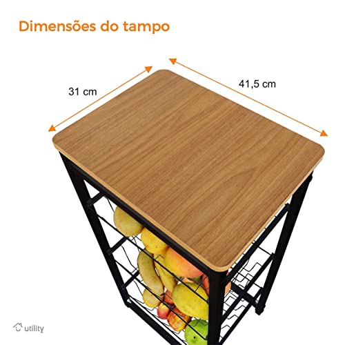 Fruteira De Chao Cozinha Tampo Madeira Florenca de Ferro Cor:Preto/Itauba