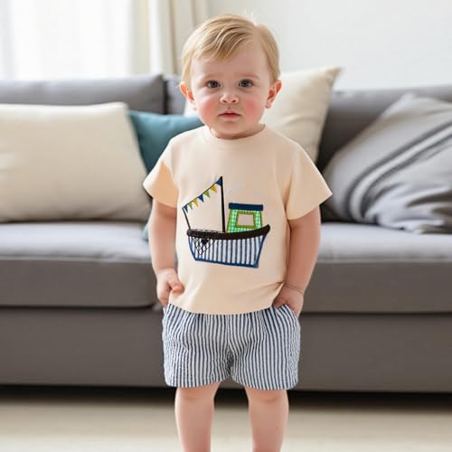 Toddler Baby Boy Sailboat Outfit Boating Sailing Embroidery Cotton T-Shirt Plaid Shorts Set Little Boy Summer Clothes3