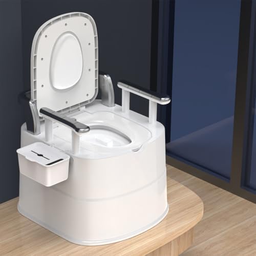 WC Toilette Portatile con Box Portaoggetti e Poggia Schiena poggiamano, per Anziani, Donna incinta e Persone con Mobilità Ridotta Uso Domestico (Bianco/Grigio)