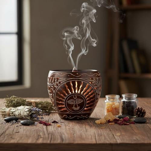 Budawi® Räucherstövchen Sonne & Engel – Speckstein braun ca. 8,5 × 10 cm mit Edelstahlsieb Ø 9 cm | Handgearbeitetes Räucher-Stövchen mit spirituellem Motiv