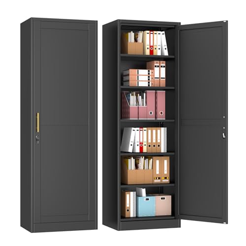 pozdeg 67' Metal Storage Cabinet with Lock, Tall Narrow Office File Cabinets with 5 Adjustable Shelves, Metal Steel Locker for Home, School, Office, Garage or Gym (Black)