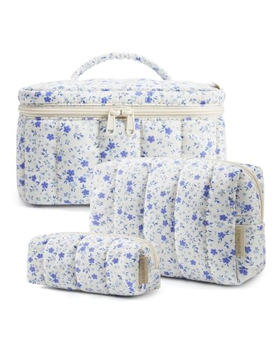 Image of BAGSMART Puffy Makeup Bag Set, 3 Pc Travel Cosmetic Pouch, Blue Floral