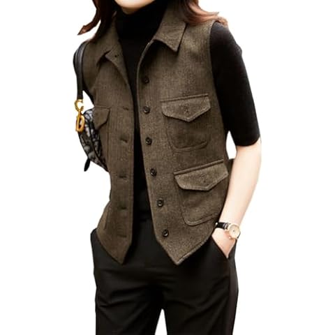 JYDress Women's Herringbone Wool Vest Lapel Waistcoat Casual Fashion Sleeveless Jacket Suit vests for Lady Cover