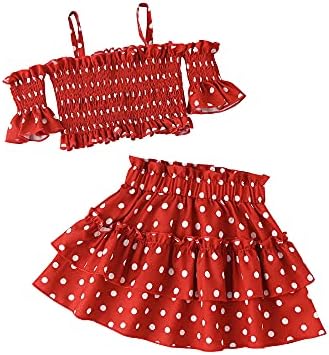 2Pcs Toddler Baby Girls Cold-Shoulder Polka Dot Print Pullover Crop Tops Ruffled Pleated Mini Skirt Outfit Set (Wine Red, 5-6 Years)