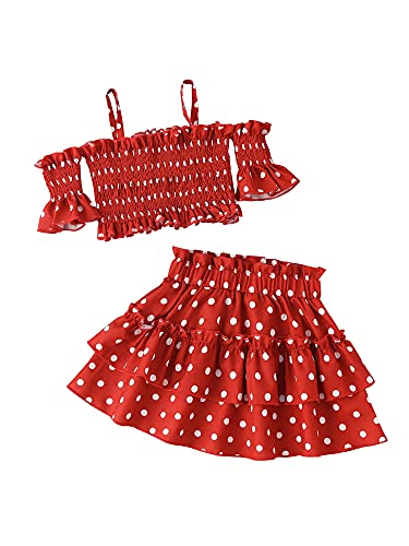 2Pcs Toddler Baby Girls Cold-Shoulder Polka Dot Print Pullover Crop Tops Ruffled Pleated Mini Skirt Outfit Set (Wine Red, 5-6 Years) #TOP7