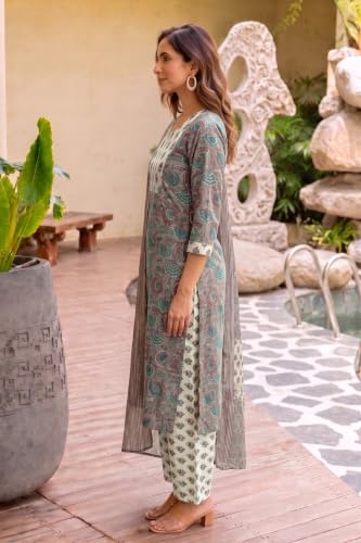 Image of MIRCHI FASHION Women's Straight Fit Pure Cotton Embellished Floral Printed Kurta Set with Dupatta and Trouser