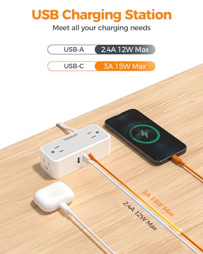 Surge Protector Flat Extension Cord Indoor, TESSAN Flat Plug Power Bar with 4 Multiple Outlets, 3 USB Ports (1 USB C), 5 Feet Small Power Strip Wall Mounted for Home Office Dorm Ro image 7