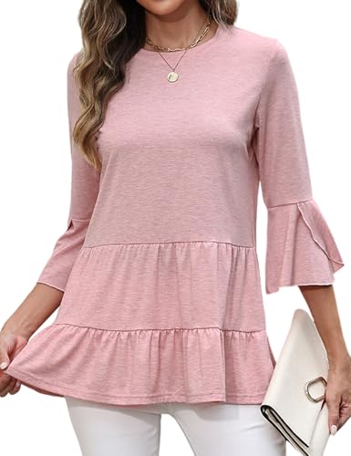 CiCiBird Women's 3/4 Ruffle Sleeve Babydoll Top Loose Peplum Crewneck Tunic 2025 Fashion Casual Shirt
