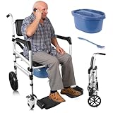 Shower Chair with Wheels 4 in 1 Folding Padded Bedside Commode Wheelchair Height Adjustable Detachable Bucket with Wheels Lifting Armrests Flip-up Footrest for Elderly Disabled (Black)