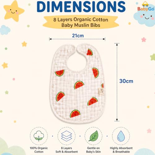 Image of BabyGo Muslin Cotton Baby Bibs | Pure Cotton 8-Layer Gentle & Breathable Feeding Bibs with Cute Cartoon Prints | Soft, Durable & Reusable Drool Bibs for Babies, Kids & Toddlers | Set of 3 (Multicolor)