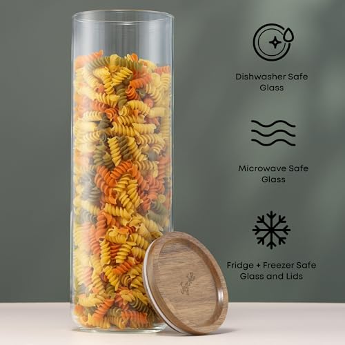 JoyJolt Holden 72oz Stackable Glass Storage Containers with Lids, Large Kitchen Food Storage Canisters with Acacia Wood Lids, Airtight Canister Set of 3 for Pasta Sugar Flour, Pantry Organization
