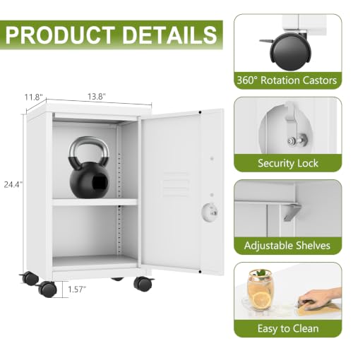 Image of pozdeg 24.4 inch H Metal Storage Locker with Wheels, Single Door Lockable Steel File Cabinet with Adjustable Shelf, Anti-Theft Locker for Home, Office, School, Gym Organizer, White