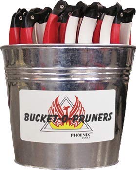 24PK Phoenix Bucket of 24 Red and White Manual Pruners with Tempered Japanese Steel Blade and Hook Forged from High Carbon Steel, Flat Blade Shape, 24 Pruners per Bucket