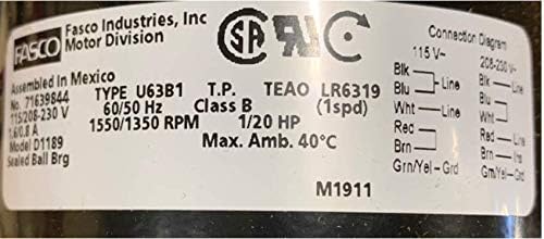 Fasco D1189 FASCO 1/20 HP 1550 RPM 115/208-230 1 60 TENV CWSE 1 SPD BB FASCO MOTOR