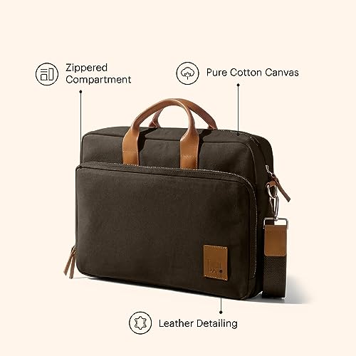 Image of DailyObjects 100% Cotton Canvas Commute Laptop Messenger Bag (19L) for Men & Women | Travel Shoulder With Trolley Sleeve | Metal Zip Closure | Leather Handles | Padded Laptop Compartment For 16 inch