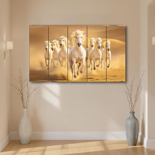 Image of The Castle Decor Running Horses with Rising Sun Vastu Painting | Wooden Frame Multi-Panel Wall Art for Living Room (Multi Color - Design 8, 36x60 Inch)