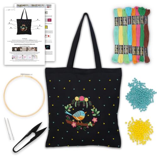 Image of picknMAKE Fabric DIY Aesthetic & Stylish Embroidery Tote Bags For Women Office Use, College Girls, Big Size Tote Bag With Zip And Secured Pocket Inside Bag (All Material Included)