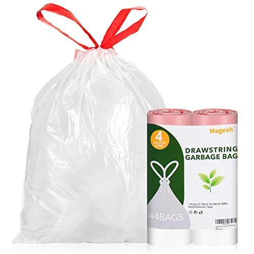 Image of Drawstring Small Trash Bags, Magesh 4 Gallon Drawstring Extra Thick Garbage Bags Unscented, Quick Cinch for Bathroom Kitchen Office Small Can, 44 Count, White