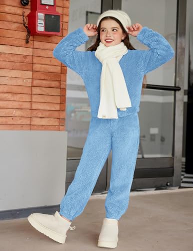 Image of Arshiner Girls 2 Piece Outfits Sweatsuit Fuzzy Long Sleeve Bear Ear Hoodie Sweatshirt and Sweatpant Kids Clothing Sets