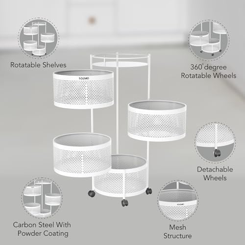 Image of Amazon Brand - Solimo 360 Revolving Preassembled Portable 4 Layer Round Multipurpose Storage Kitchen Rack Carbon Steel Fruit Vegetable & Spice Trolley with Wheels for Kitchen Organizer(Matte, White)