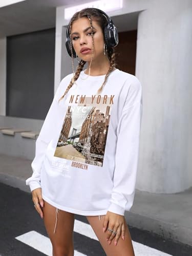 Image of CHKOKKO Oversized Round Neck Drop Shoulder Printed Polyester Full Sleeves T-Shirt for Women