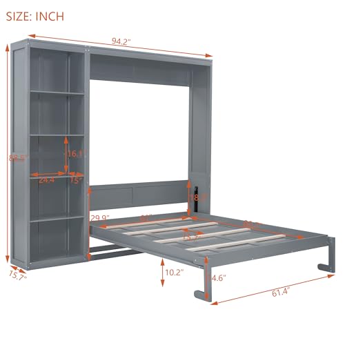 Image of Merax Space-Saving Gray Murphy Bed Queen Size with Adjustable Storage Shelves, Multifunctional Foldable Wall Bed for Small Spaces Studio Study Office Guest Room