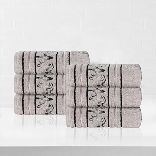 SUPERIOR Cotton Hand Towel Set, Small Towels, Plush Soft Absorbent Bathroom Basics, Home Essentials, Spa, Salon, Hotel, Kitchen, Luxury Quick Drying, Zero-Twist, Jacquard Floral, Set of 6, Platinum