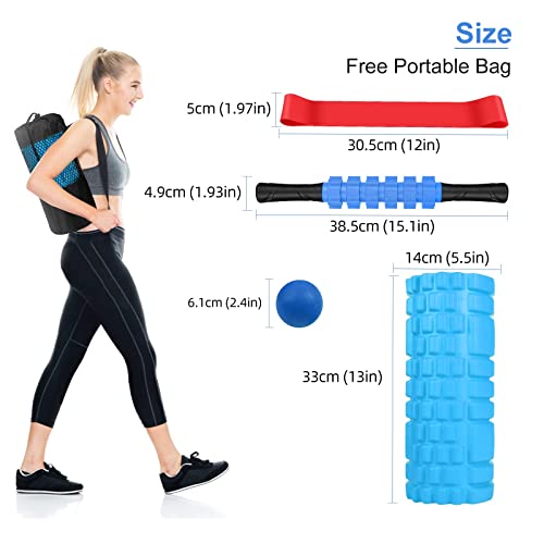 5 In1 Foam Roller Set, Trigger Point, Yoga Stick, Massage Ball, Stretching Strap, Carrying Bag, Towel, For Deep Muscle Pilates (Blue), Aucuu, 1.0 Count #TOP1