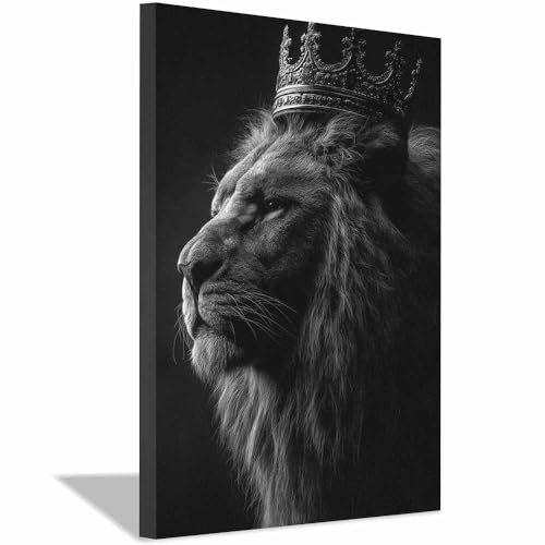 Tableau Animaux Roi des lions couronné noir et blanc 60x90cm encadrée HUYEEI