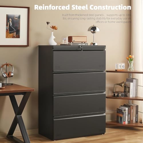 Image of Guizeeopo Metal File Cabinet with Lock, 4 Drawer Lateral File Cabinets for Home Office, Heavy Duty Office Storage Cabinet for A4 /Letter /Legal Size, Assembly Required(Black)