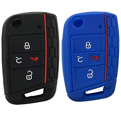 Silicone Key Fob Cover Case Remote Fob Protector fit for VW Golf Polo 2016-2017 4 Buttons Keyless Entry Remote Key Fob Skin Protective Key Jacket (1 Black + 1 Blue)