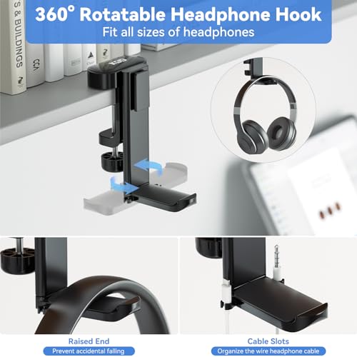 KDD 5 in 1 Desk Controller Holder - Rotating Headphone Hanger with Cup Holder - Clamp On Desk Organizer Holds Controller, Headphone, Cup, Mobile Phone and Pen(Black) by KDD - Image 3